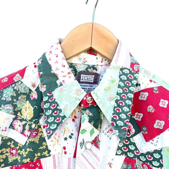 Vintage 1970s Fenton Granny Quilt Patchwork Button Down Shirt 36 Pearl Snaps - Picture 6 of 9